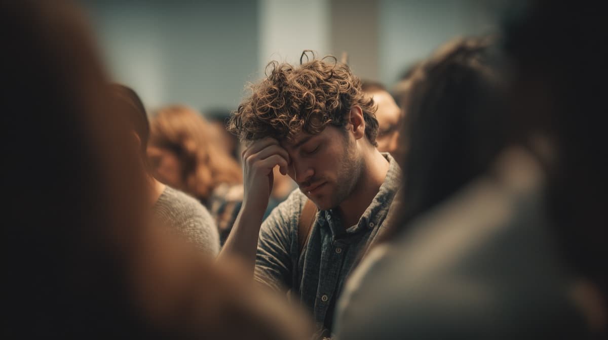 Man feeling isolated in a crowd